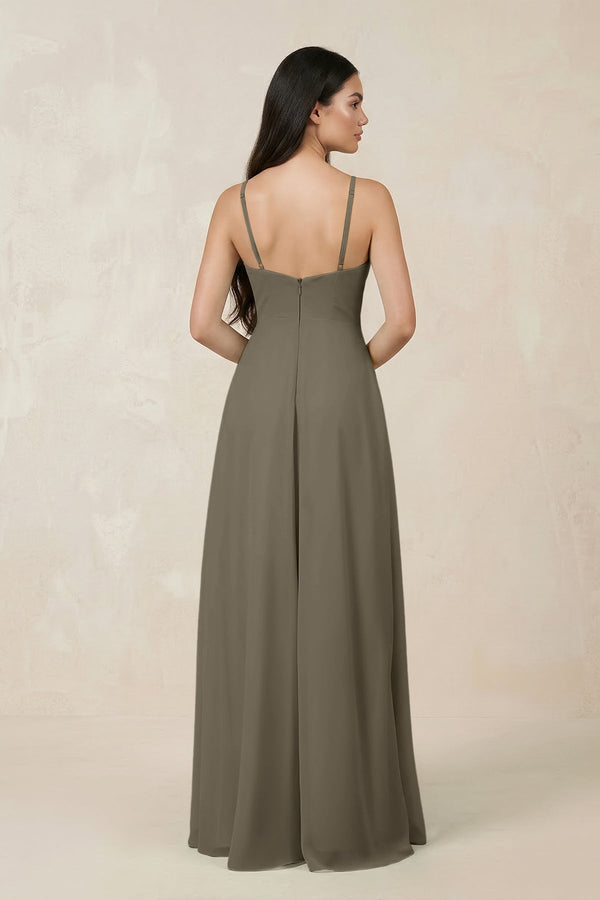 Halter Chiffon A - Line Bridesmaid Dress With Slit in Willow Green - SHE IS ME Bridesmaid Dresses