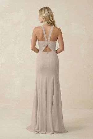 Halter Chiffon Mermaid Ruched Bridesmaid Dress in Almond - SHE IS ME Bridesmaid Dresses