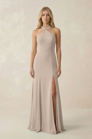 Halter Chiffon Mermaid Ruched Bridesmaid Dress in Almond - SHE IS ME Bridesmaid Dresses