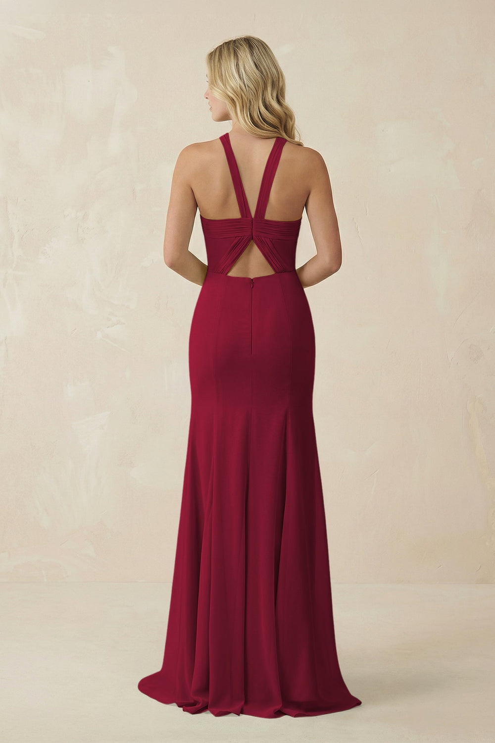 Halter Chiffon Mermaid Ruched Bridesmaid Dress in Berry - SHE IS ME Bridesmaid Dresses