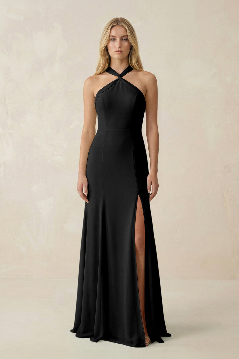Halter Chiffon Mermaid Ruched Bridesmaid Dress in Black - SHE IS ME Bridesmaid Dresses