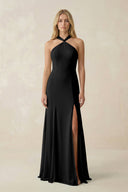 Halter Chiffon Mermaid Ruched Bridesmaid Dress in Black - SHE IS ME Bridesmaid Dresses