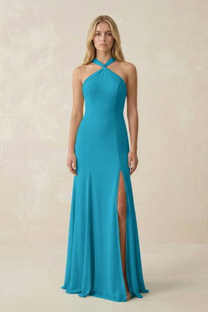 Halter Chiffon Mermaid Ruched Bridesmaid Dress in Blue Jay - SHE IS ME Bridesmaid Dresses