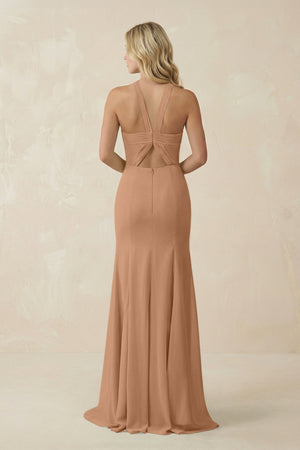 Halter Chiffon Mermaid Ruched Bridesmaid Dress in Bronzer - SHE IS ME Bridesmaid Dresses
