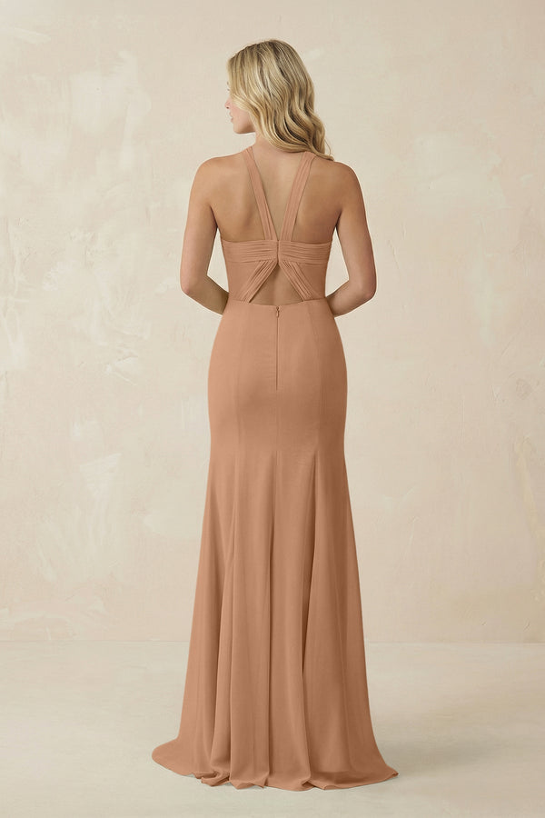 Halter Chiffon Mermaid Ruched Bridesmaid Dress in Bronzer - SHE IS ME Bridesmaid Dresses