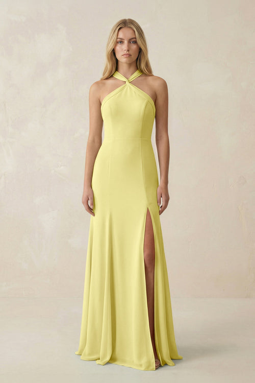 Halter Chiffon Mermaid Ruched Bridesmaid Dress in Buttercup - SHE IS ME Bridesmaid Dresses