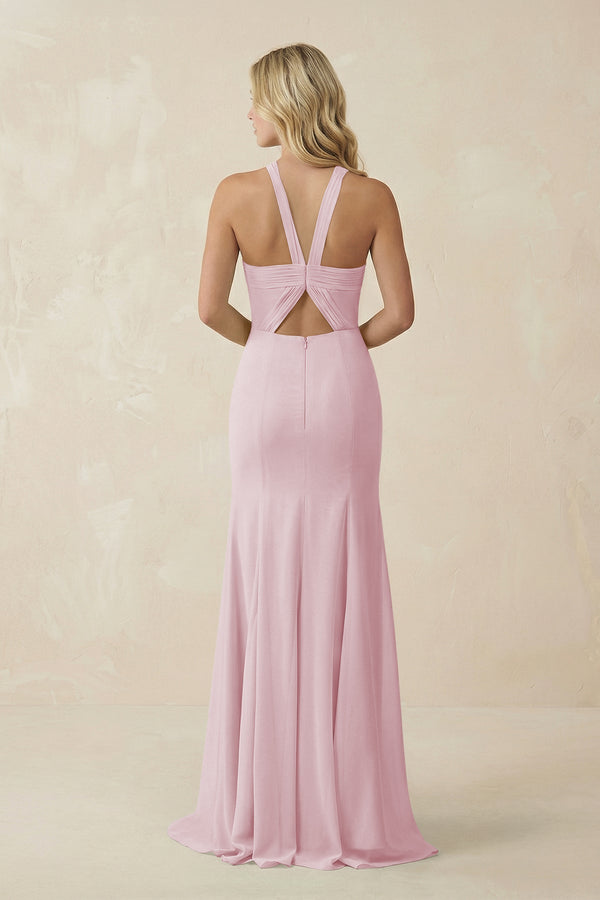 Halter Chiffon Mermaid Ruched Bridesmaid Dress in Candy Pink - SHE IS ME Bridesmaid Dresses