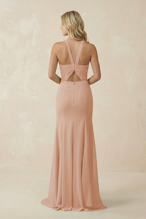 Halter Chiffon Mermaid Ruched Bridesmaid Dress in Champagne Rose - SHE IS ME Bridesmaid Dresses