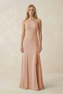 Halter Chiffon Mermaid Ruched Bridesmaid Dress in Champagne Rose - SHE IS ME Bridesmaid Dresses
