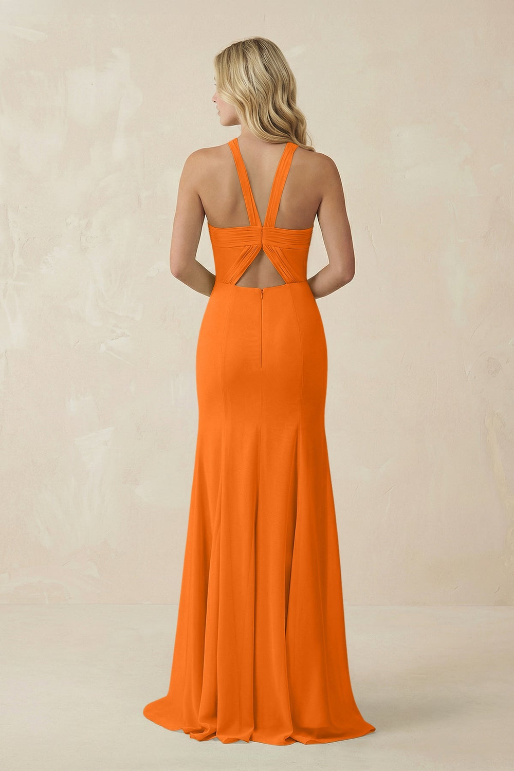 Halter Chiffon Mermaid Ruched Bridesmaid Dress in Cinnamon - SHE IS ME Bridesmaid Dresses