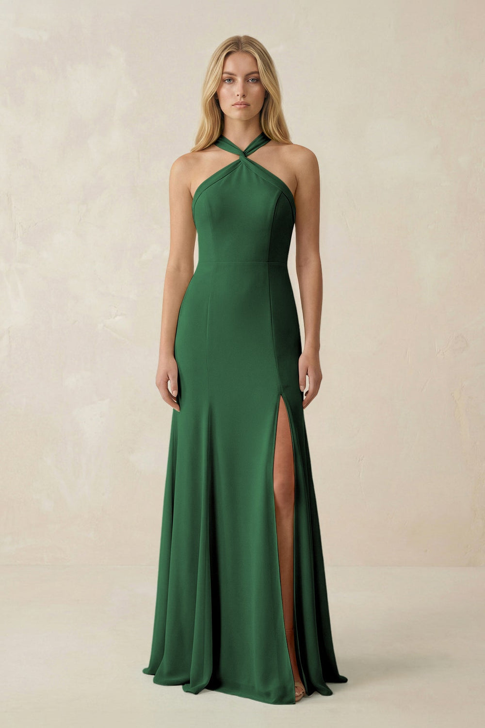 Halter Chiffon Mermaid Ruched Bridesmaid Dress in Dark Green - SHE IS ME Bridesmaid Dresses