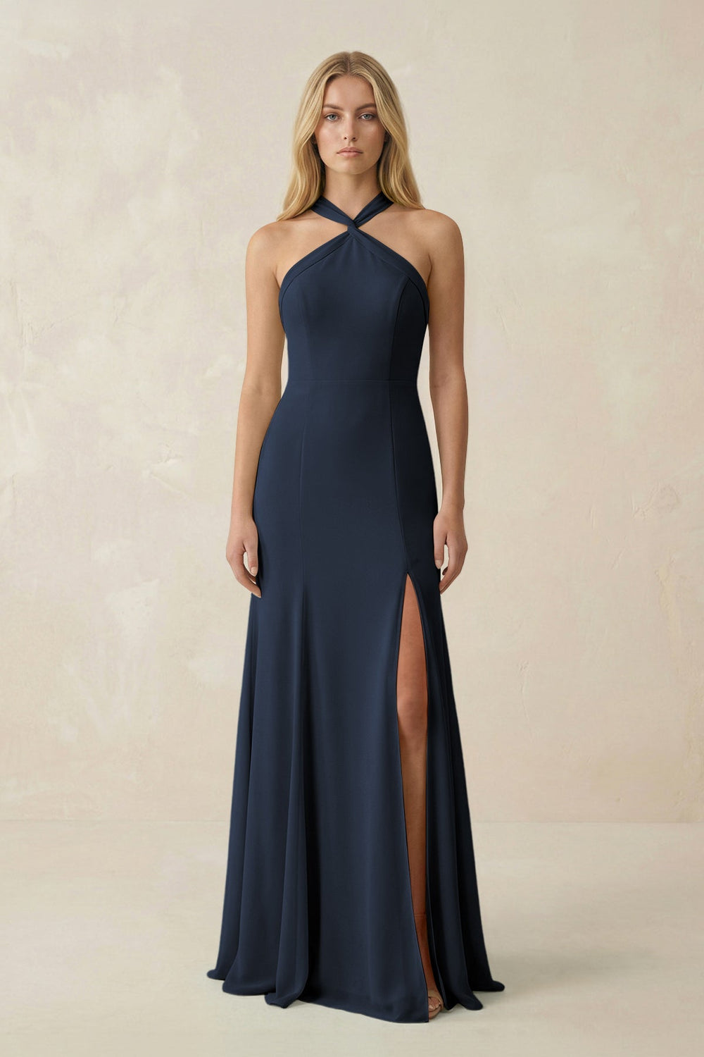 Halter Chiffon Mermaid Ruched Bridesmaid Dress in Dark Navy - SHE IS ME Bridesmaid Dresses