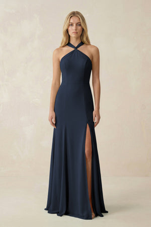 Halter Chiffon Mermaid Ruched Bridesmaid Dress in Dark Navy - SHE IS ME Bridesmaid Dresses