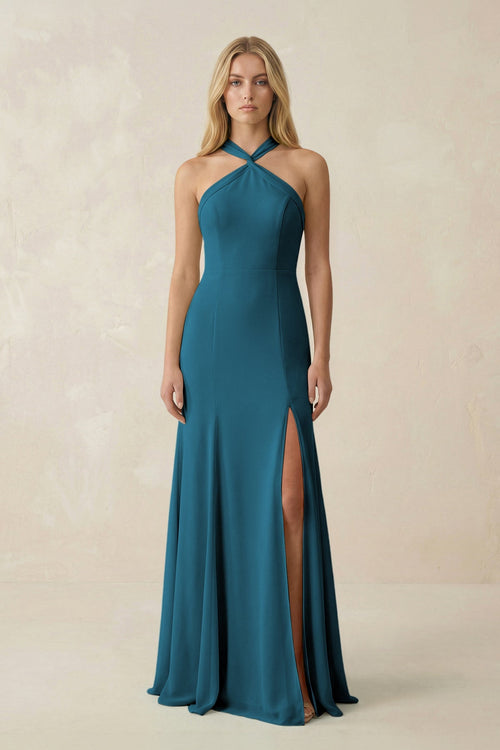 Halter Chiffon Mermaid Ruched Bridesmaid Dress in Dark Teal - SHE IS ME Bridesmaid Dresses