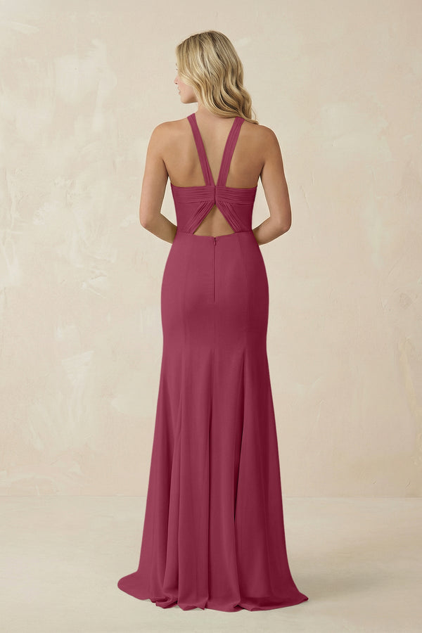 Halter Chiffon Mermaid Ruched Bridesmaid Dress in Desert Rose - SHE IS ME Bridesmaid Dresses