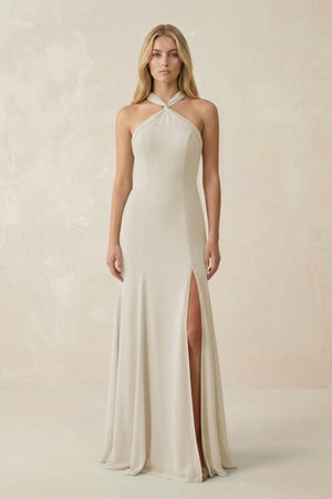Halter Chiffon Mermaid Ruched Bridesmaid Dress in Dove Gray - SHE IS ME Bridesmaid Dresses
