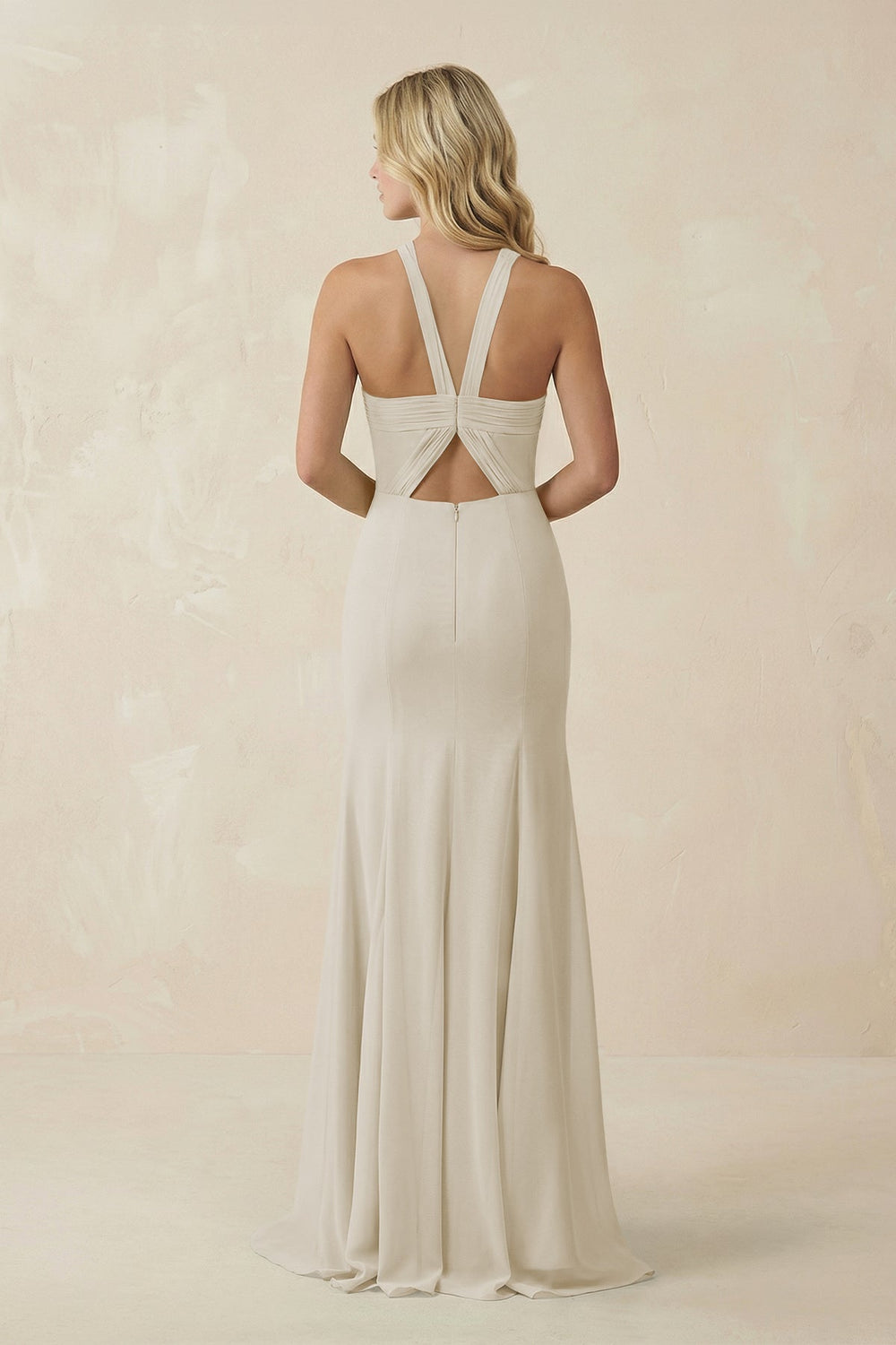 Halter Chiffon Mermaid Ruched Bridesmaid Dress in Dove Gray - SHE IS ME Bridesmaid Dresses