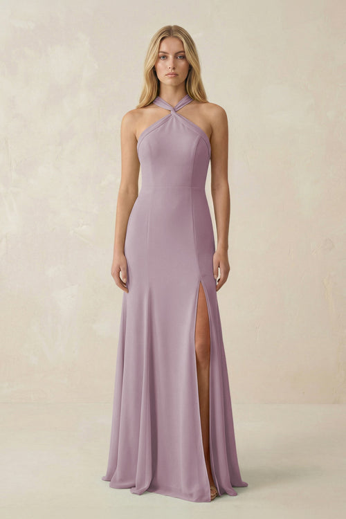 Halter Chiffon Mermaid Ruched Bridesmaid Dress in Dusk - SHE IS ME Bridesmaid Dresses