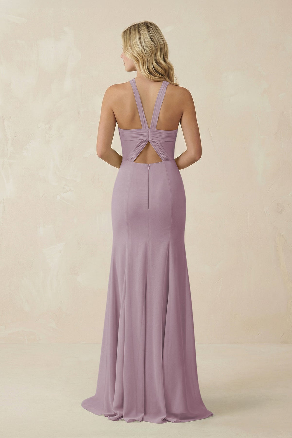 Halter Chiffon Mermaid Ruched Bridesmaid Dress in Dusk - SHE IS ME Bridesmaid Dresses