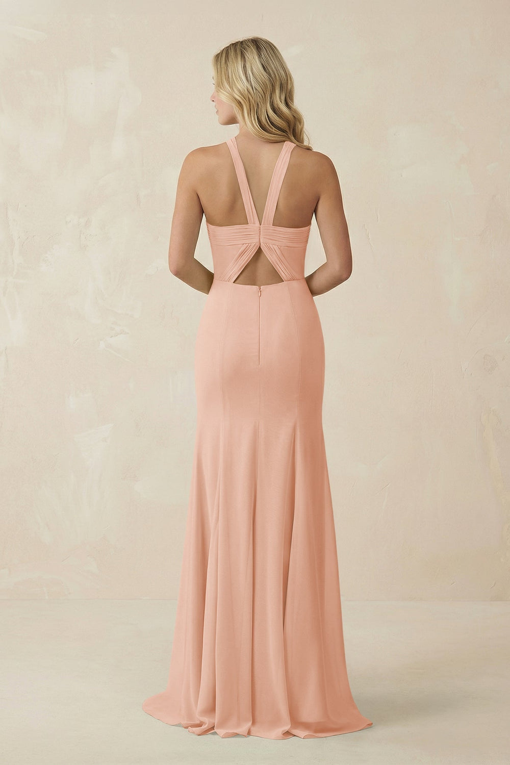 Halter Chiffon Mermaid Ruched Bridesmaid Dress in English Rose - SHE IS ME Bridesmaid Dresses