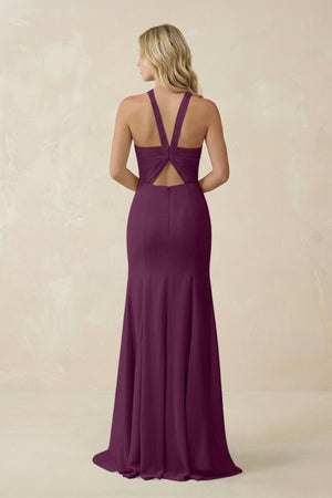 Halter Chiffon Mermaid Ruched Bridesmaid Dress in Fig - SHE IS ME Bridesmaid Dresses