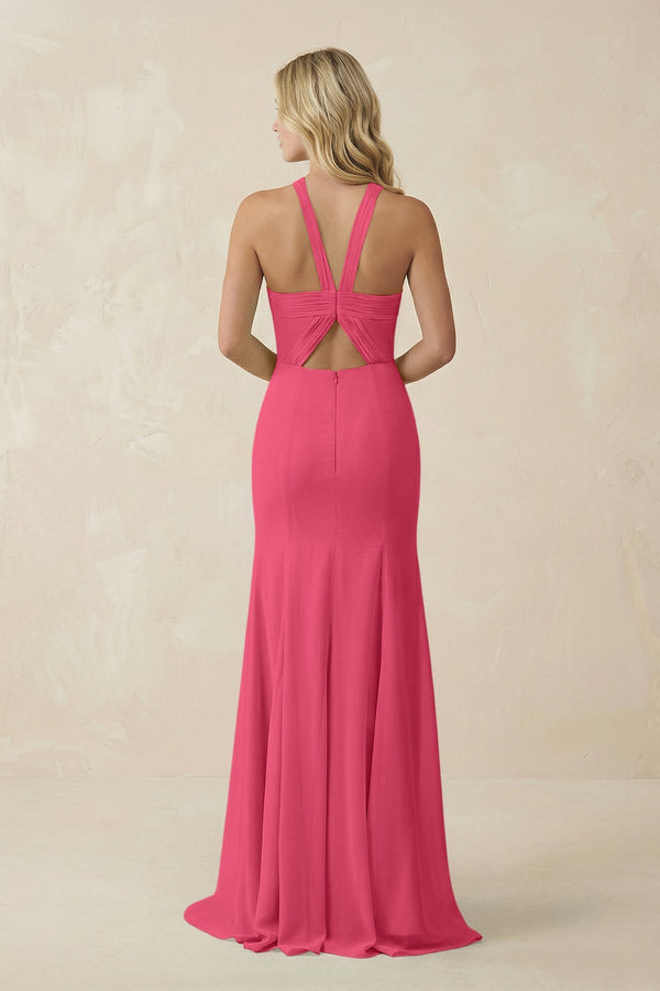 Halter Chiffon Mermaid Ruched Bridesmaid Dress in Fuchsia - SHE IS ME Bridesmaid Dresses
