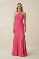 Halter Chiffon Mermaid Ruched Bridesmaid Dress in Fuchsia - SHE IS ME Bridesmaid Dresses