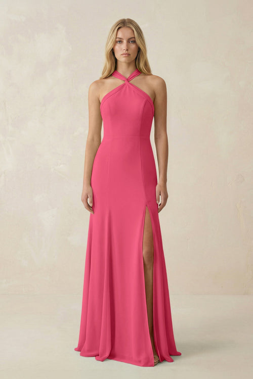 Halter Chiffon Mermaid Ruched Bridesmaid Dress in Fuchsia - SHE IS ME Bridesmaid Dresses