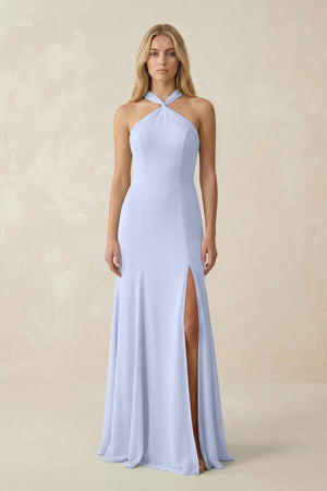 Halter Chiffon Mermaid Ruched Bridesmaid Dress in Ice - SHE IS ME Bridesmaid Dresses