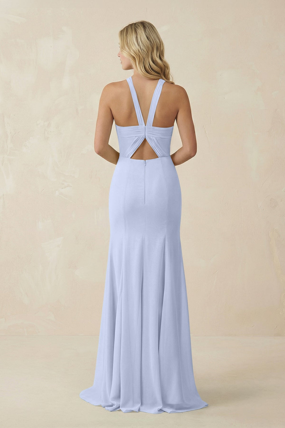 Halter Chiffon Mermaid Ruched Bridesmaid Dress in Ice - SHE IS ME Bridesmaid Dresses