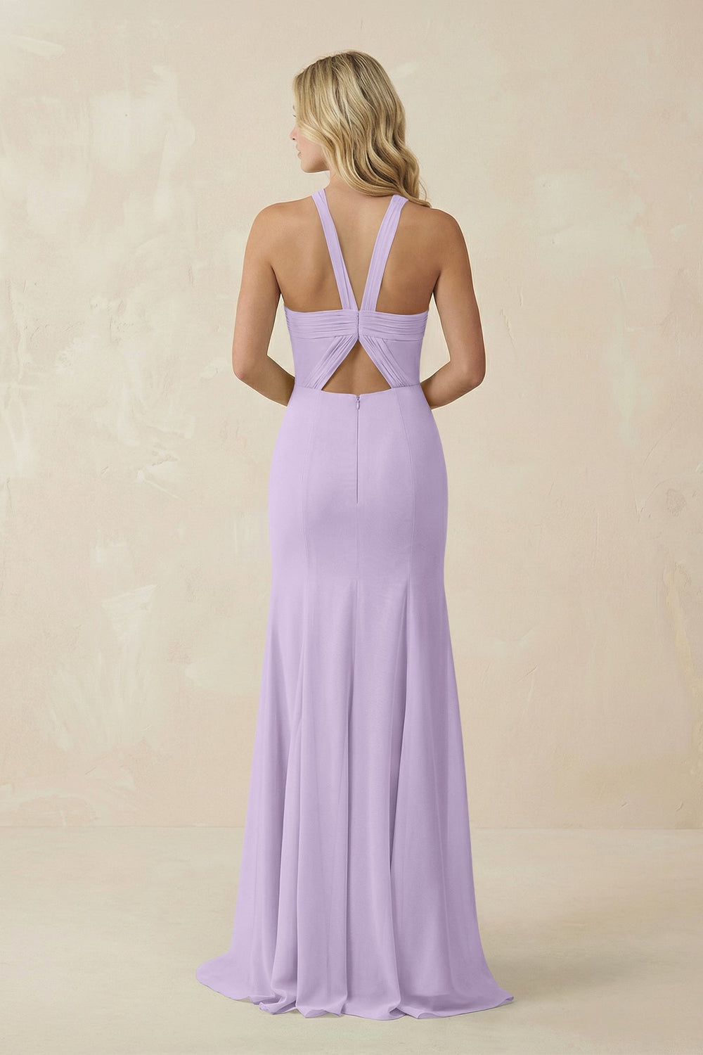 Halter Chiffon Mermaid Ruched Bridesmaid Dress in Lavender - SHE IS ME Bridesmaid Dresses