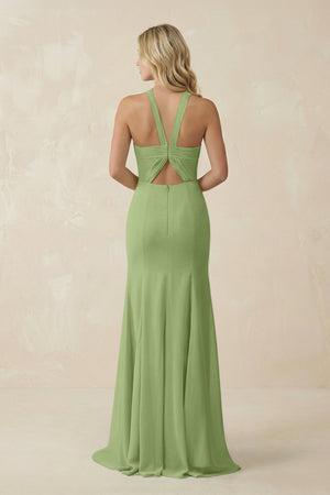 Halter Chiffon Mermaid Ruched Bridesmaid Dress in Matcha - SHE IS ME Bridesmaid Dresses