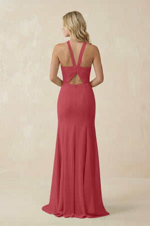 Halter Chiffon Mermaid Ruched Bridesmaid Dress in Merlot - SHE IS ME Bridesmaid Dresses