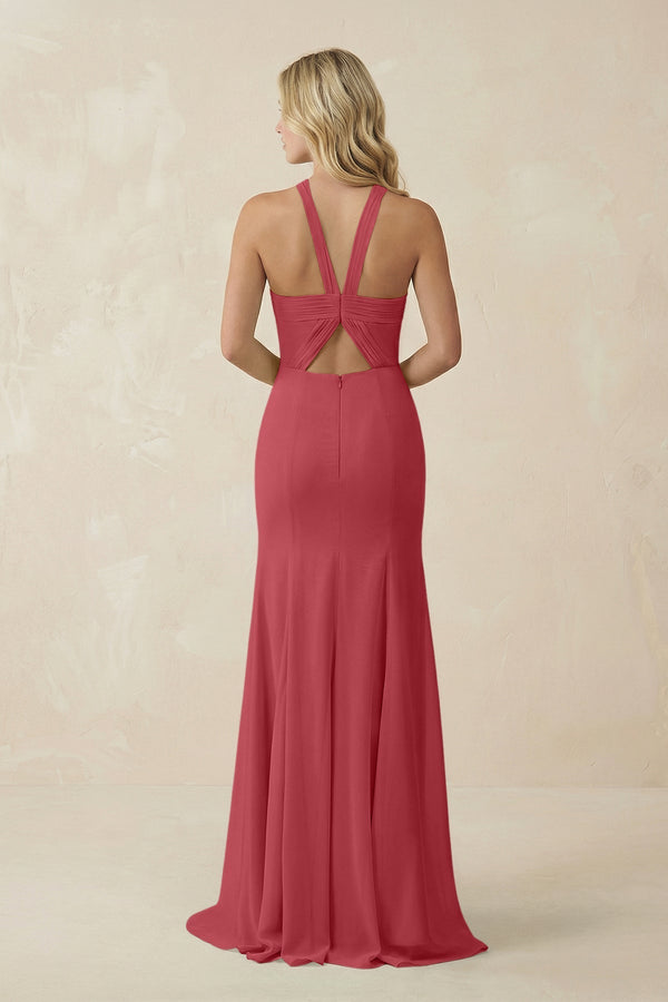 Halter Chiffon Mermaid Ruched Bridesmaid Dress in Merlot - SHE IS ME Bridesmaid Dresses