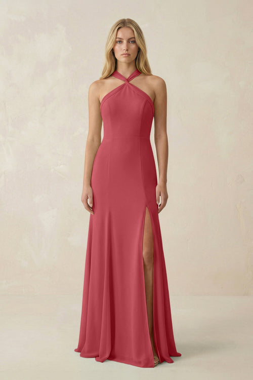 Halter Chiffon Mermaid Ruched Bridesmaid Dress in Merlot - SHE IS ME Bridesmaid Dresses