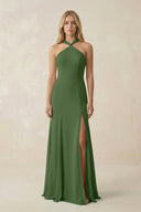 Halter Chiffon Mermaid Ruched Bridesmaid Dress in Moss - SHE IS ME Bridesmaid Dresses