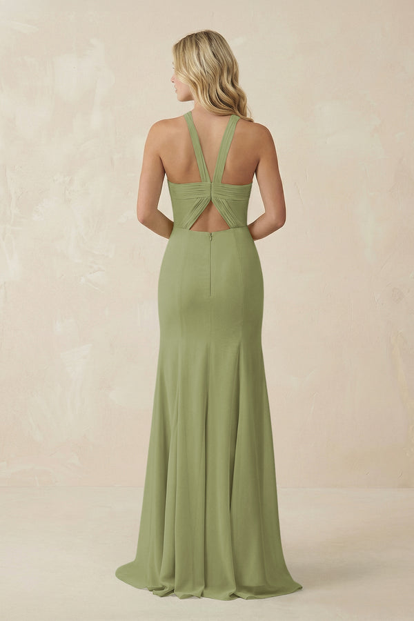 Halter Chiffon Mermaid Ruched Bridesmaid Dress in Moss Green - SHE IS ME Bridesmaid Dresses