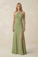 Halter Chiffon Mermaid Ruched Bridesmaid Dress in Moss Green - SHE IS ME Bridesmaid Dresses