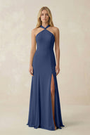 Halter Chiffon Mermaid Ruched Bridesmaid Dress in Navy - SHE IS ME Bridesmaid Dresses