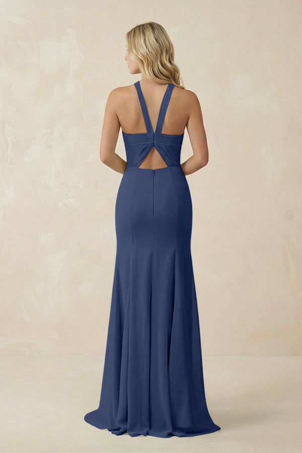 Halter Chiffon Mermaid Ruched Bridesmaid Dress in Navy - SHE IS ME Bridesmaid Dresses