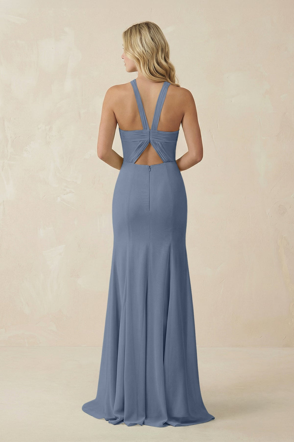 Halter Chiffon Mermaid Ruched Bridesmaid Dress in Neptune - SHE IS ME Bridesmaid Dresses