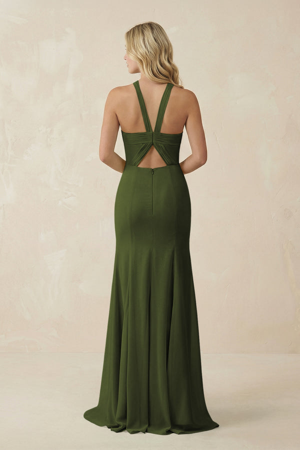 Halter Chiffon Mermaid Ruched Bridesmaid Dress in Olive - SHE IS ME Bridesmaid Dresses