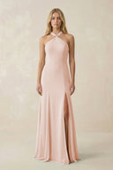 Halter Chiffon Mermaid Ruched Bridesmaid Dress in Pale Blush - SHE IS ME Bridesmaid Dresses