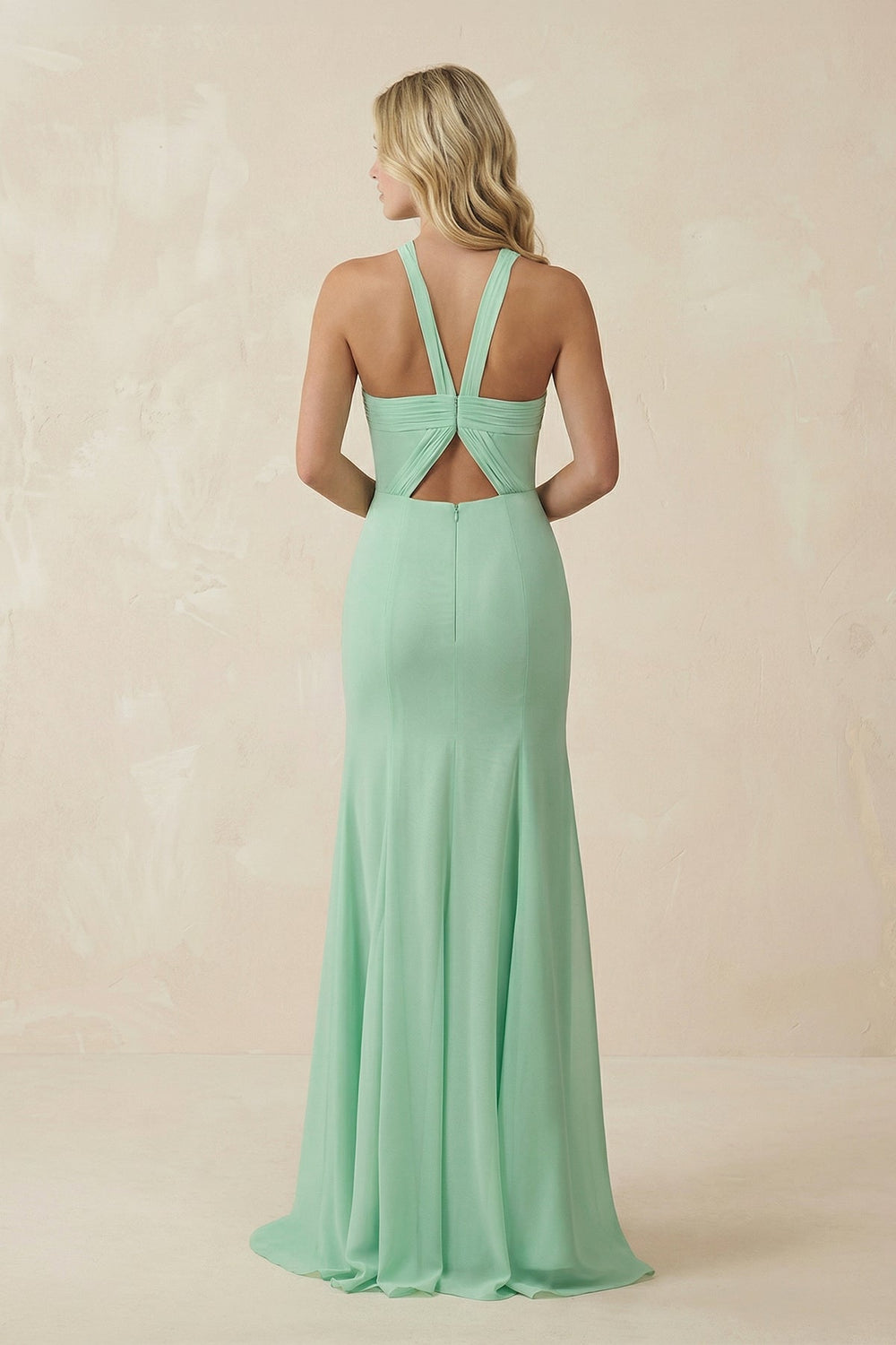 Halter Chiffon Mermaid Ruched Bridesmaid Dress in Pale Pistachio - SHE IS ME BRIDESMAID DRESSES
