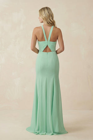 Halter Chiffon Mermaid Ruched Bridesmaid Dress in Pale Pistachio - SHE IS ME BRIDESMAID DRESSES