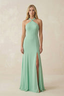 Halter Chiffon Mermaid Ruched Bridesmaid Dress in Pale Pistachio - SHE IS ME BRIDESMAID DRESSES