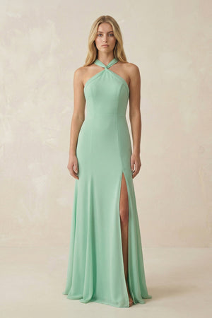 Halter Chiffon Mermaid Ruched Bridesmaid Dress in Pale Pistachio - SHE IS ME BRIDESMAID DRESSES