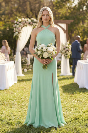 Halter Chiffon Mermaid Ruched Bridesmaid Dress in Pale Pistachio - SHE IS ME BRIDESMAID DRESSES