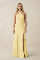 Halter Chiffon Mermaid Ruched Bridesmaid Dress in Pastel Yellow - SHE IS ME Bridesmaid Dresses