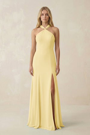 Halter Chiffon Mermaid Ruched Bridesmaid Dress in Pastel Yellow - SHE IS ME Bridesmaid Dresses